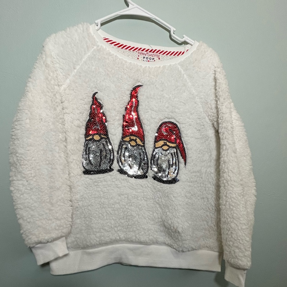 Merry Christmas Poof- Small. Fuzzy white and sequin Gnome sweatshirt.